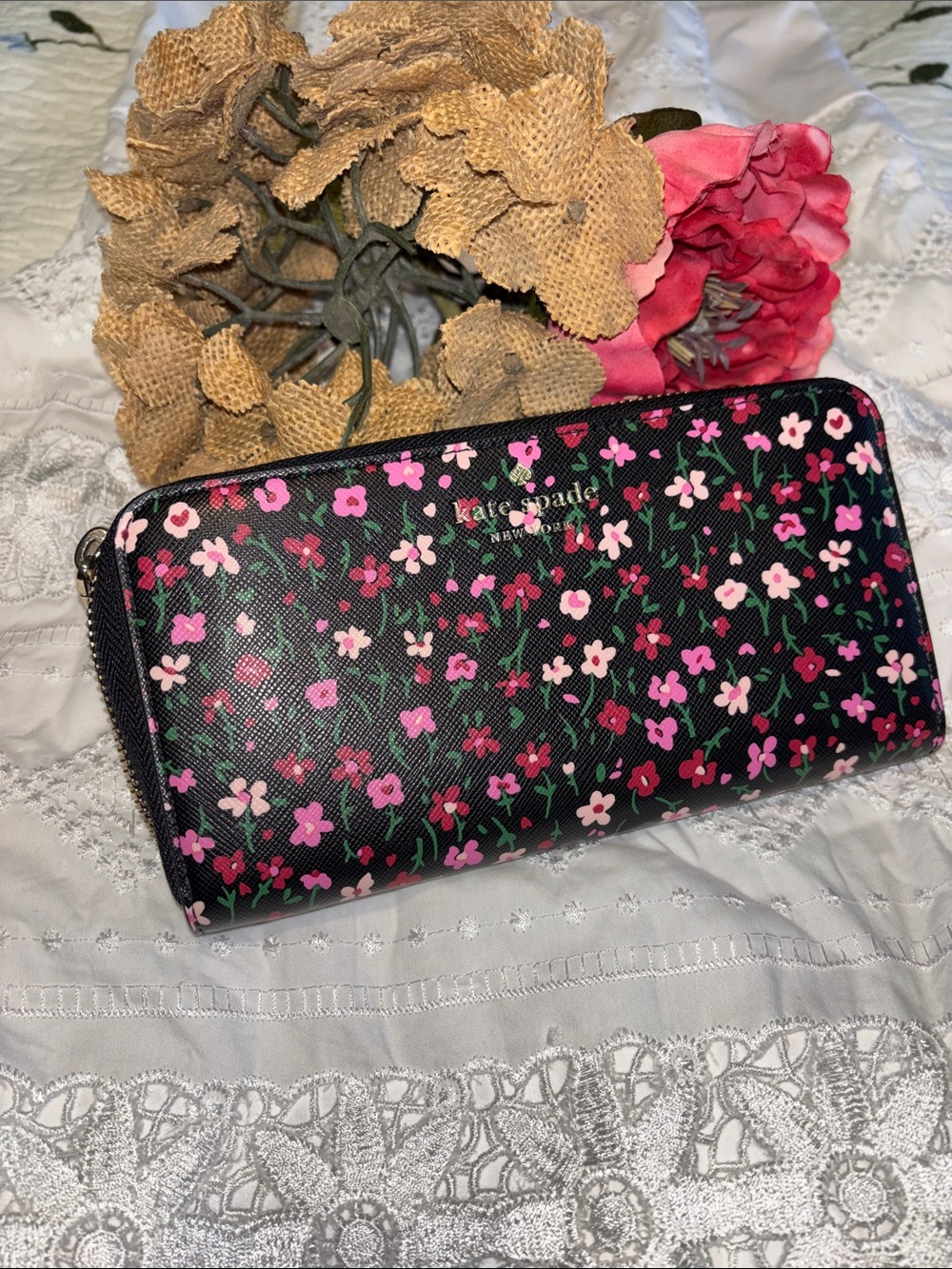 kate spade Black Wallet with Pink Floral Print